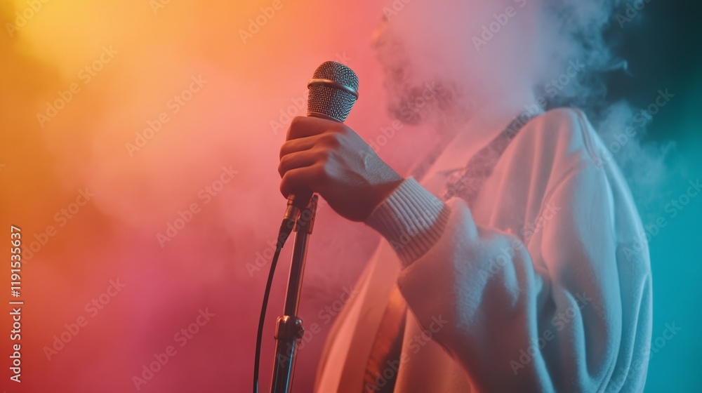 Poster singer holding a microphone and captivating the audience while performing live on stage, surrounded 