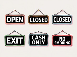 Obraz premium Six Hanging Signs Displaying Open Closed Exit Cash Only No Smoking