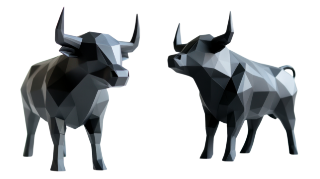 Black low-poly bull, sleek geometric bull, modern bull art , isolated on transparent background