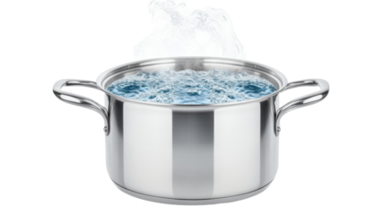 Boiling water in a stainless steel pot with steam rising, isolated on transparent background