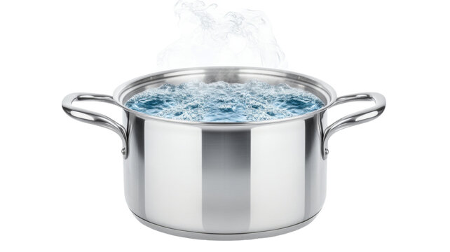 Boiling water in a stainless steel pot with steam rising, isolated on transparent background