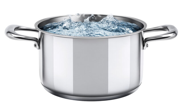 Boiling water in a stainless steel pot with steam rising, isolated on transparent background