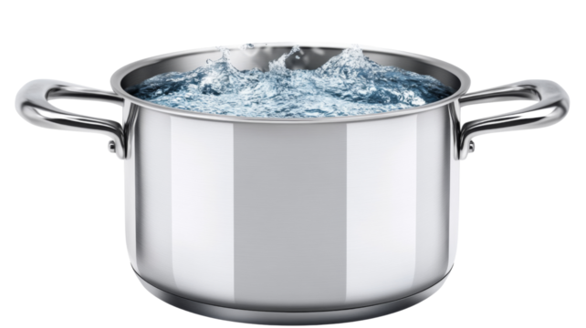 Boiling water in a stainless steel pot with steam rising, isolated on transparent background