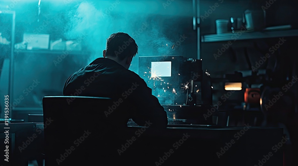 Poster man working late at night with sparks flying