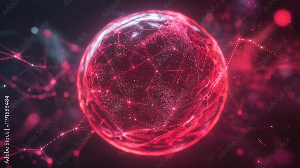 Poster a glowing red sphere with dynamic digital lines connecting major points, emphasizing global communic