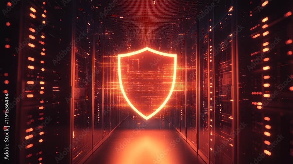 Poster a glowing shield icon in front of servers, symbolizing cybersecurity and data protection, set in a f