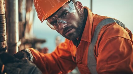 Fototapeta premium A close-up of an oil rig worker in orange overalls and safety helmet operating a drill on an offshore platform, Offshore platform scene, Gritty and realistic style