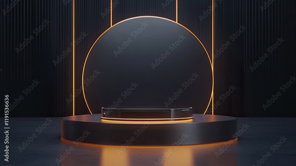 Poster dark minimalist product display platform with orange lighting