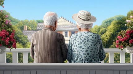 House moving for seniors. Elderly couple enjoying a peaceful moment on a porch.