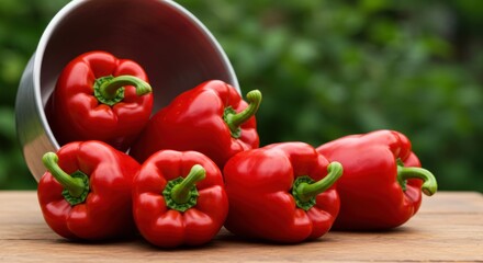 vibrant red bell peppers, stainless steel bowl, wooden table, rustic setting, fresh produce, macro photography, high detail, natural lighting, food photography, crisp focus, organic vegetables, farm t