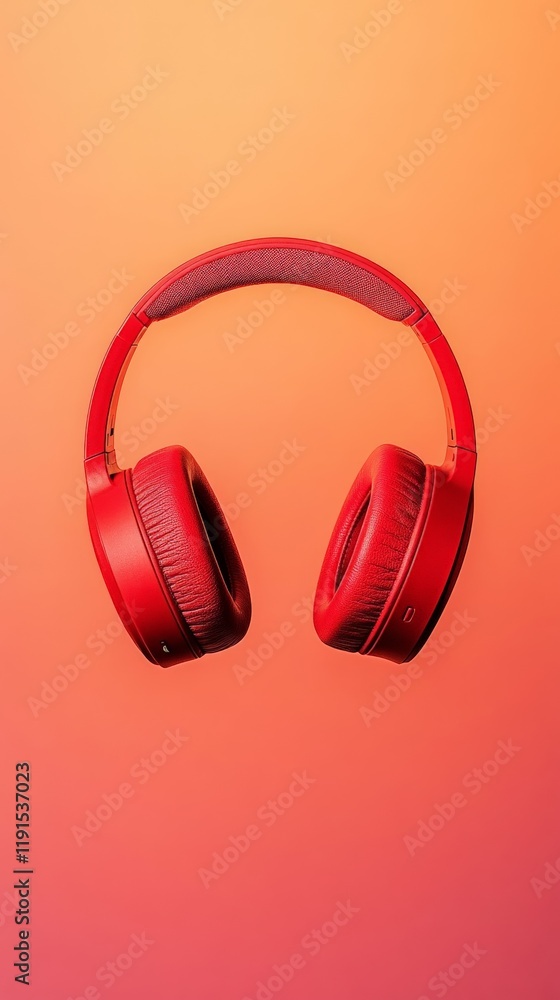 Poster Red wireless headphones hovering on a vibrant gradient background, creating a striking visual representation of music, audio technology, and personal listening experience