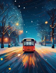 Obraz premium Generated image Taking the bus at night in winter with copy space abstract art