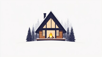 Naklejka premium Cozy Winter Cabin Fireplace Snow Trees