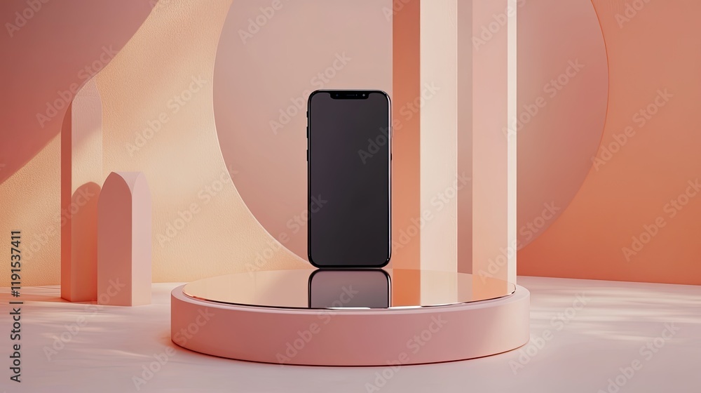 Aufkleber smartphone displayed on minimalist peach platform
