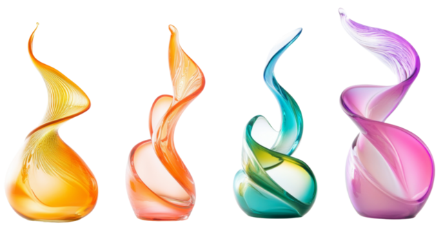 Collection of elegant abstract glass sculptures, isolated on transparent background
