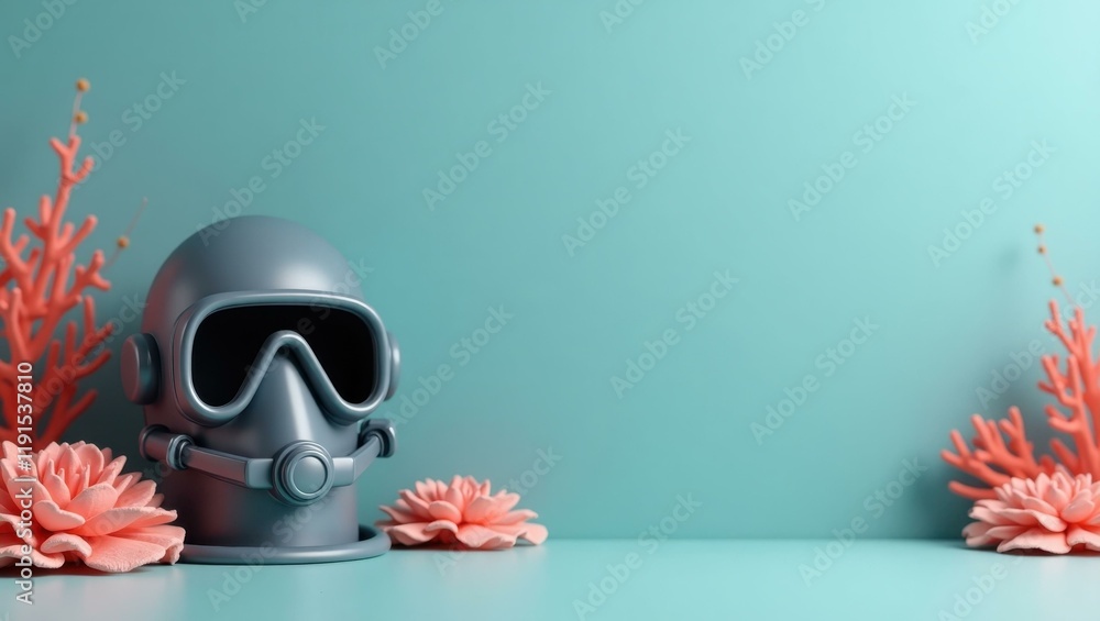 Poster slate gray diving helmet on left. soft coral background. copy space for text, 3d render ai generated
