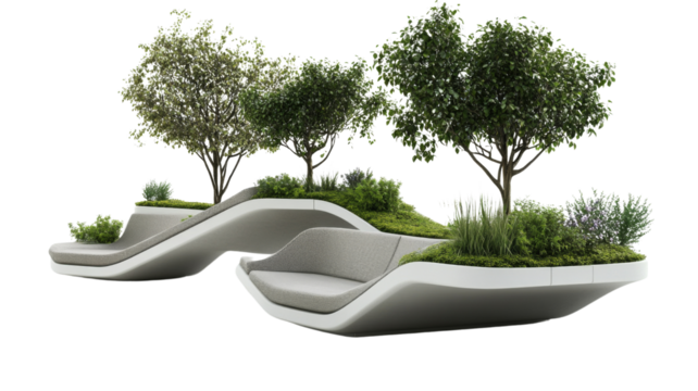 Contemporary urban seating with trees and greenery incorporated, perfect for parks and public spaces, isolated on transparent background