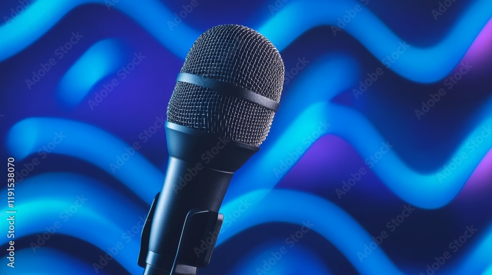 Poster professional microphone capturing sound waves in a recording studio, illuminated by blue neon light,