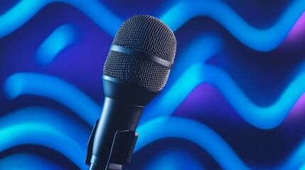 Professional microphone capturing sound waves in a recording studio, illuminated by blue neon...