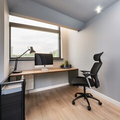 Generated image A stylish office corner with a standing desk setup, featuring a monitor, keyboard,