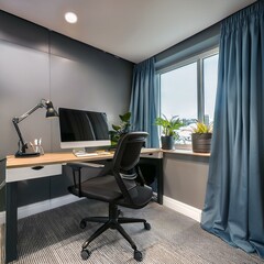 Generated image A stylish office corner with a standing desk setup, featuring a monitor, keyboard,