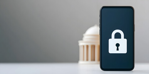 Smartphone displaying a padlock icon, symbolizing data security and privacy. A blurred model of a...
