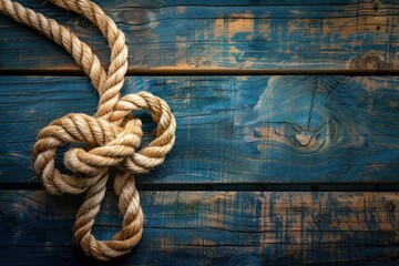 Thick ship rope with knot lying on rustic blue wooden planks, creating nautical background with copy space © juliars