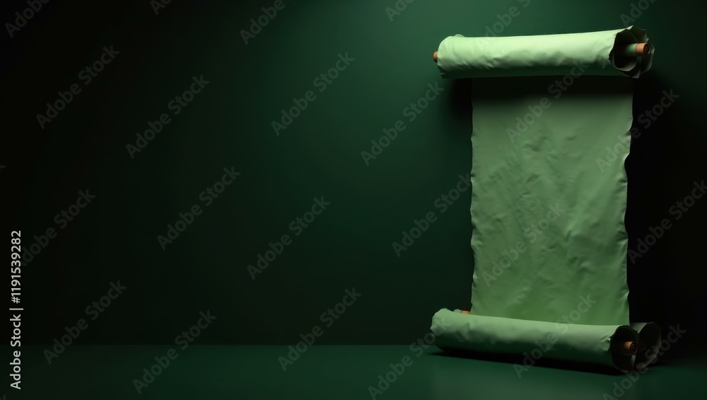 Poster sage green philosopher's scroll on right. soft blue background. copy space for text, 3d render ai ge