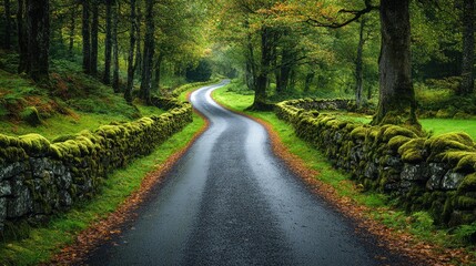 Winding Road Through Mossy Stone Walls In An Autumnal Forest