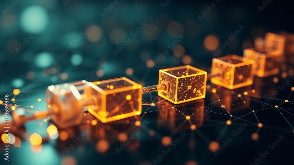 Poster blockchain technology concept on low poly or polygonal style design with a chain of encrypted blocks