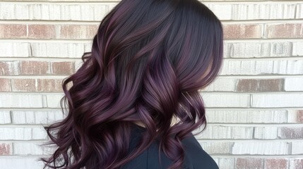 Long wavy dark hair with purple highlights