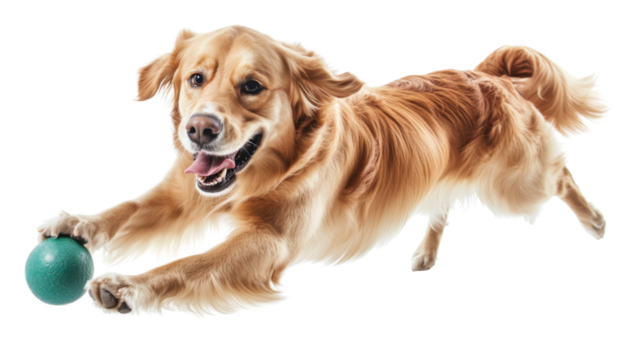 Dog playing with a ball, isolated on transparent background