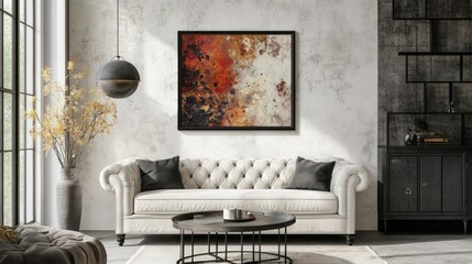 Modern Living Room Featuring Abstract Artwork and Chesterfield Sofa