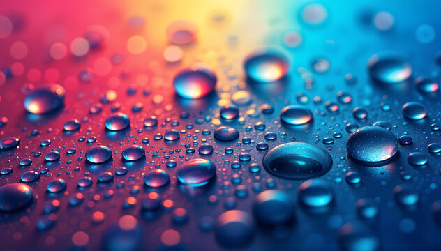 Vibrant Macro Shot of Water Droplets on Glass Surface with Colorful Gradient Background