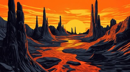 Alien Planet Sunset Lava River Landscape