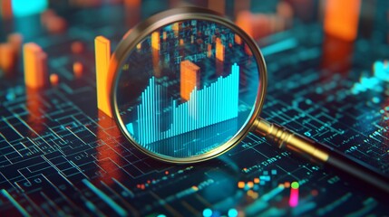 Magnifying Glass Highlighting Graphs and Digital Data on a High-Tech Circuit Board, Representing Analysis, Technology, and Innovation in a Futuristic and Data-Driven Environment