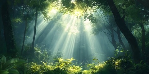  Sunlight filtering through the dense forest canopy, creating a tranquil and mystical atmosphere in the lush greenery, Generative Ai