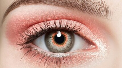 Closeup of a womans eye with coral eyeshadow and lashes