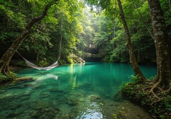 Fototapeta premium Lush tropical forest, crystal clear turquoise river, sunbeams filtering through dense canopy, tranquil jungle scene, rope bridge across water, verdant foliage, secluded paradise, vibrant green vegetat