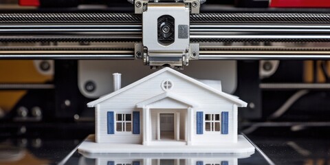 3D Printer Crafting a Detailed Miniature House Model in a Creative Workshop Environment