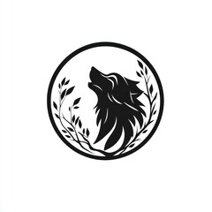 Obraz premium Howling wolf silhouette in foliage circle, white background, logo design