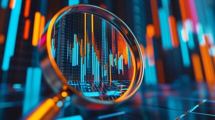 Magnifying Glass Highlighting Graphs and Digital Data on a High-Tech Circuit Board, Representing Analysis, Technology, and Innovation in a Futuristic and Data-Driven Environment