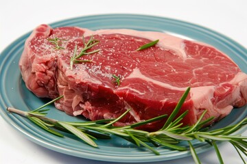 Fresh raw rib eye steak seasoned with salt and rosemary on a turquoise plate, ready to be cooked