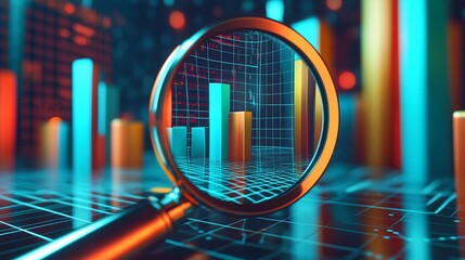 Magnifying Glass Highlighting Graphs and Digital Data on a High-Tech Circuit Board, Representing Analysis, Technology, and Innovation in a Futuristic and Data-Driven Environment