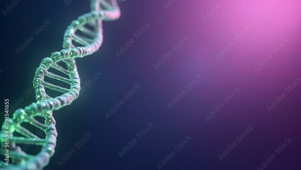 Poster glowing green dna strand on left. soft orange background. copy space for text, 3d render ai generate
