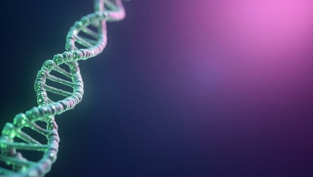 Glowing green dna strand on left. Soft orange background. Copy space for text, 3D render AI Generated Designer Element