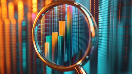 Magnifying Glass Highlighting Graphs and Digital Data on a High-Tech Circuit Board, Representing Analysis, Technology, and Innovation in a Futuristic and Data-Driven Environment