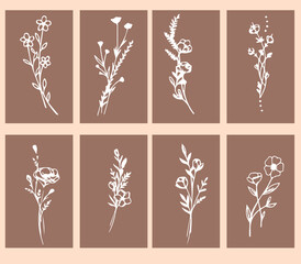 Flowers drawn by hand line, logo for design, on white background, Mocha Mousse colors - Pantone colors of 2025
