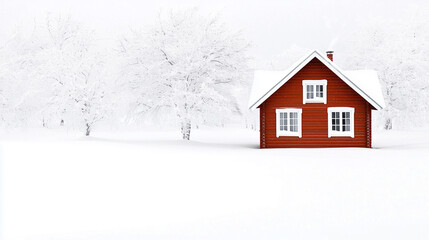 Snow-covered landscape with red house in winter wonderland. Colorful winter holidays scene