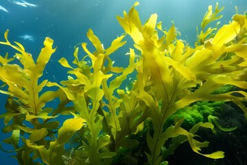Naklejka premium Sunlight filtering through a vibrant golden kelp forest creates a mesmerizing underwater scene, showcasing the beauty and biodiversity of marine ecosystems